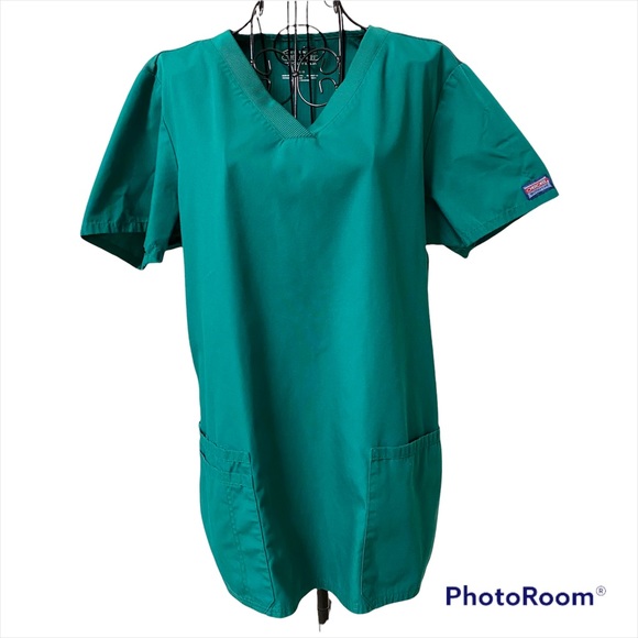 Cherokee Workwear 3 Pocket Rib Knit V Neck Scrub Top Hunter Green - Picture 1 of 12